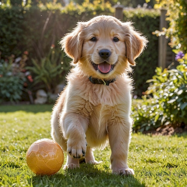 a puppy with a collar that says  puppy  on the ball