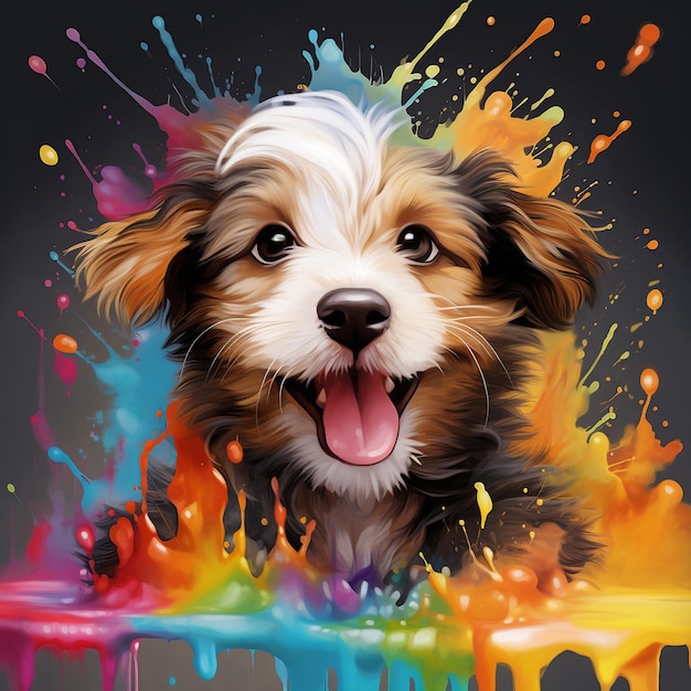 Puppy with colorful splashes on a black background Vector illustrationGENERATED AI