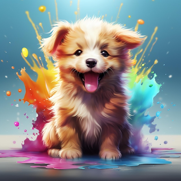 Puppy with colorful splashes on a black background Vector illustrationGENERATED AI