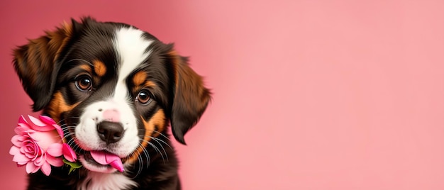 Puppy with a flower in his mouth on a pink panoramic background Generative AI