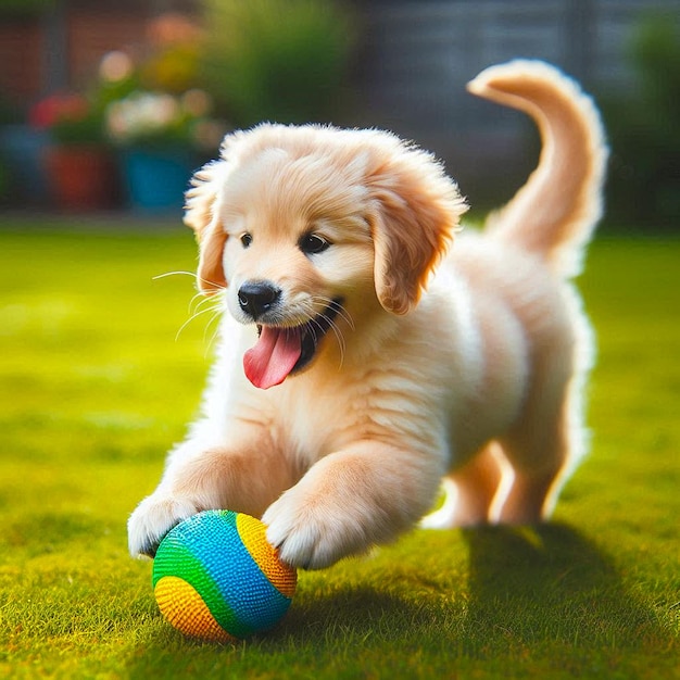 a puppy with his tongue hanging out playing with a ball