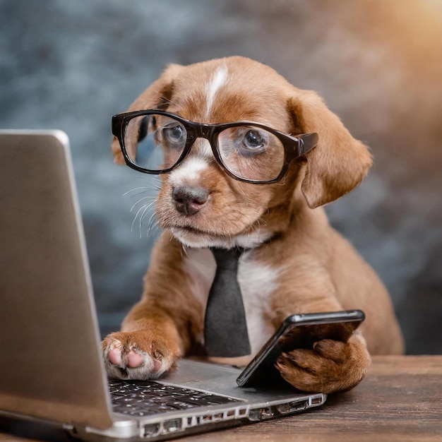 a puppy with laptop and cell phone