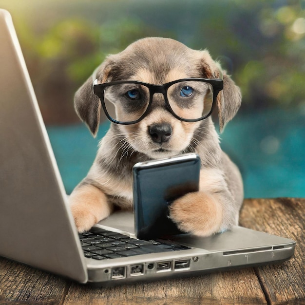 a puppy with laptop and cell phone