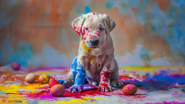 a puppy with paint on his face and the paint on his face is painted with different colors