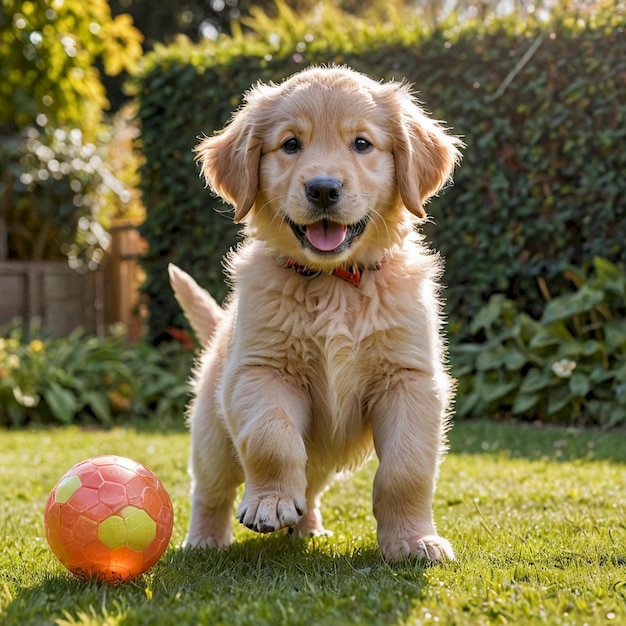 a puppy with a pink ball in the grass