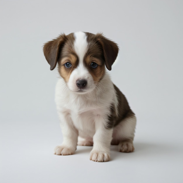 Photo a puppy with a sad face sits on a white background