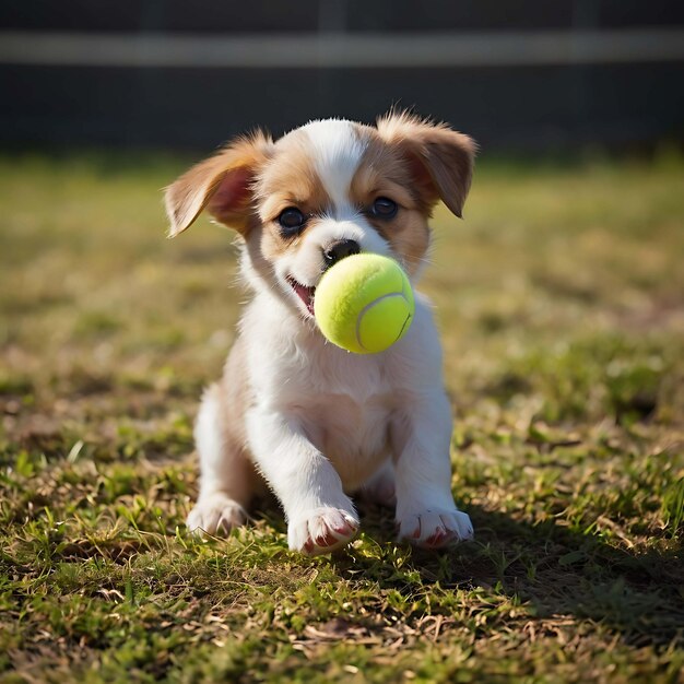 Photo a puppy with a tennis ball in its mouth