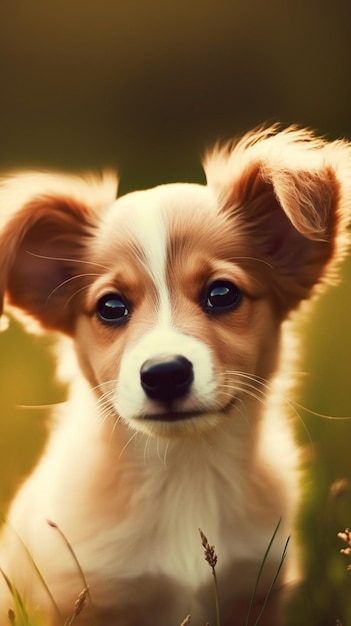 A puppy with a white face and black eyes is looking at the camera.