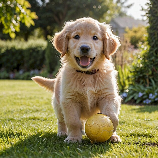 a puppy with a yellow ball in the grass with a ball in his mouth