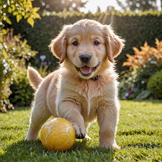 a puppy with a yellow ball in the grass with the sun shining on it