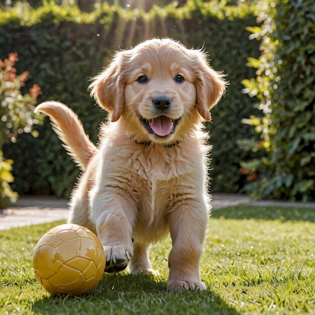 a puppy with a yellow ball in the grass with the sun shining on it