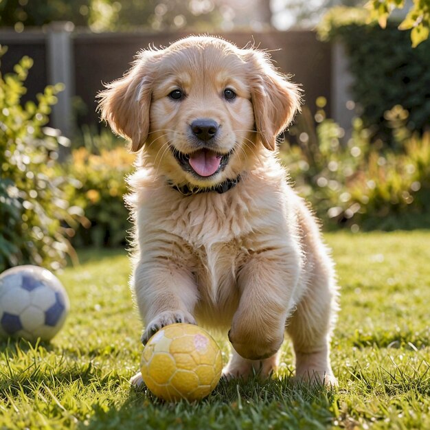 a puppy with a yellow ball in his mouth