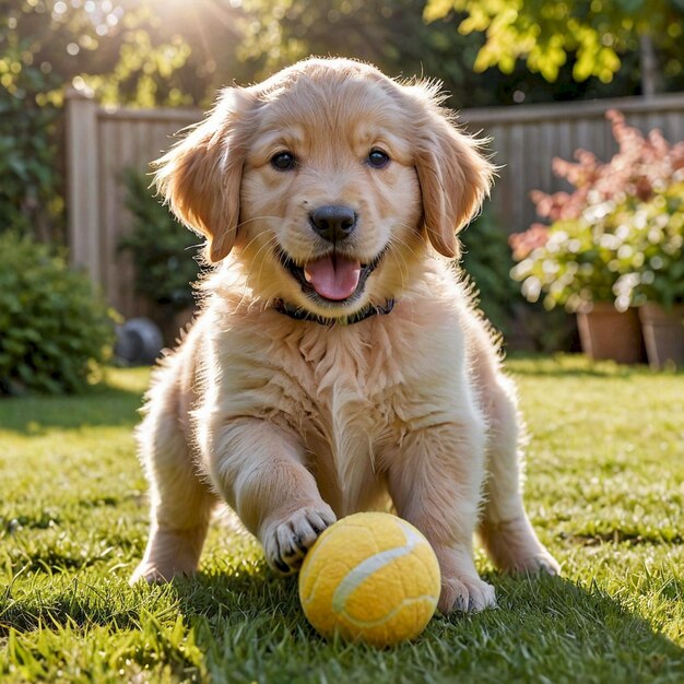 a puppy with a yellow ball in his mouth