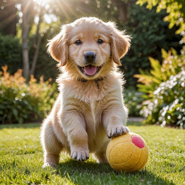 a puppy with a yellow ball in his paws