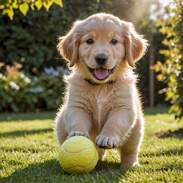 a puppy with a yellow ball in its mouth