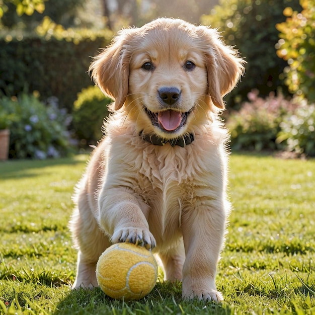 a puppy with a yellow tennis ball in his paws