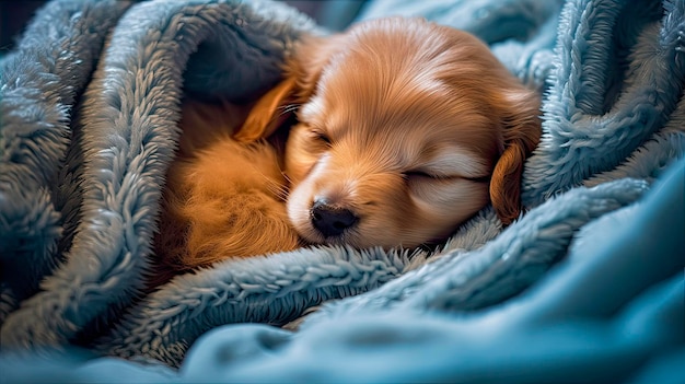 A puppy wrapped in a blue blanket