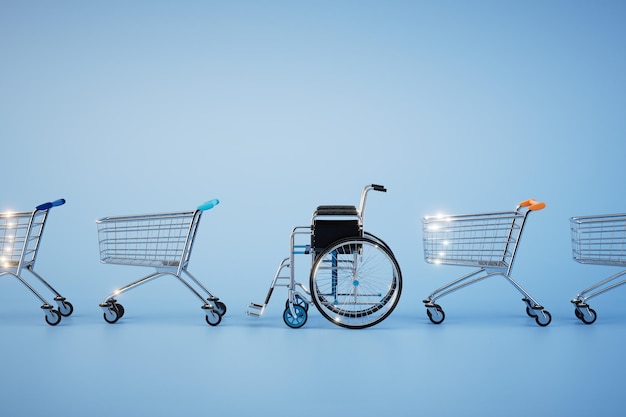 Purchases for people with disabilities a wheelchair among the food carts on a blue background