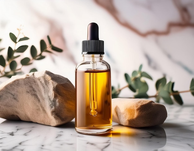 Pure Aromatherapy Serum Natural Cosmetic in Glass Bottle on Marble Background