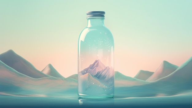 Pure mineral water in a glass bottle Clean liquid on mountain background Generative AI