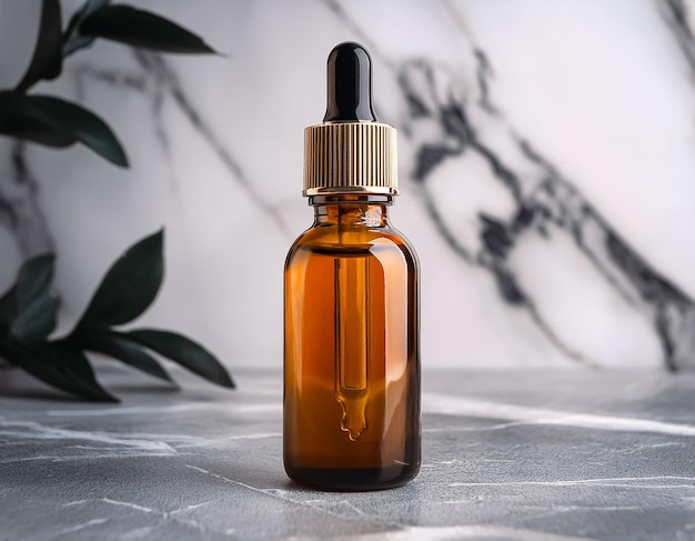 Pure and Natural Aromatherapy Serum in Glass Bottle on Marble Background