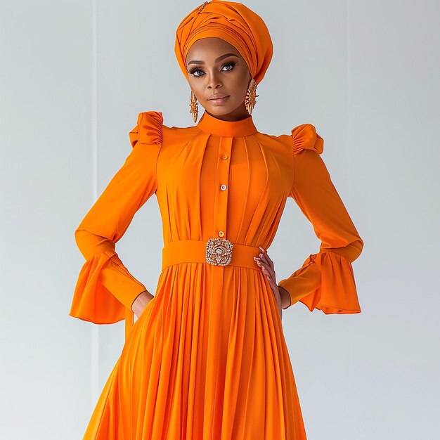 Photo pure white background an modern africanstyle dress for muslim aline dress orange chiffon shin