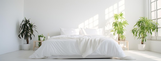 a pure white bedroom adorned with textured bedding and minimal furniture featuring a touch of green from a potted plant creating a tranquil and inviting sleep environment