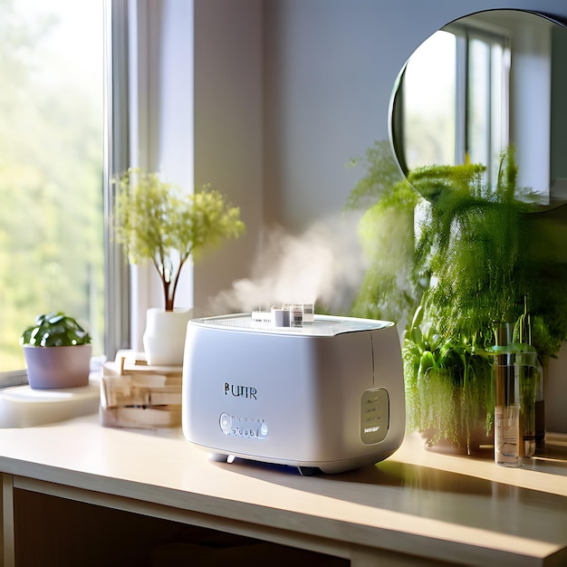 PureAir Humidifier on a clean vanity with soothing decor and fresh plants