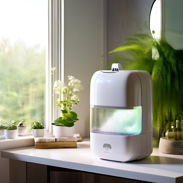 PureAir Humidifier on a clean vanity with soothing decor and fresh plants