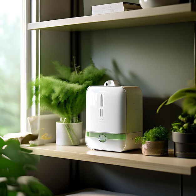 PureAir Humidifier on a stylish shelf with fresh greenery and elegant accessories