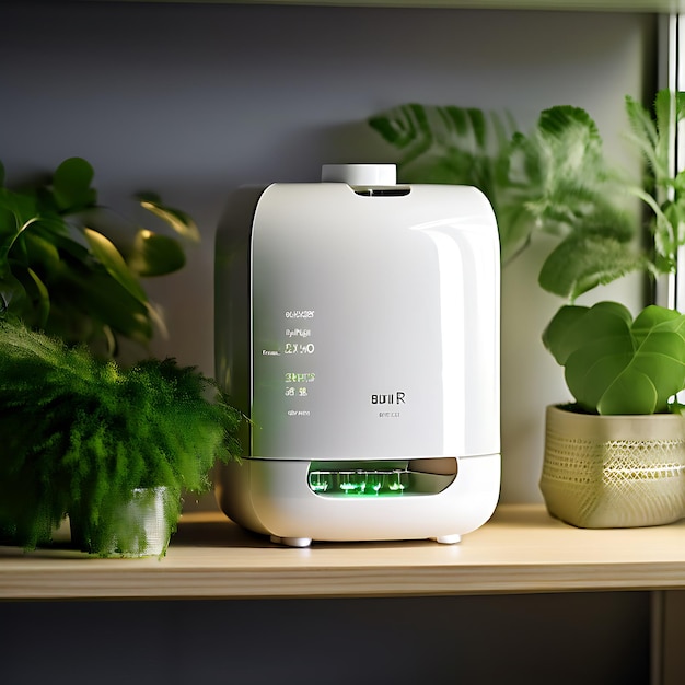 PureAir Humidifier on a stylish shelf with fresh greenery and modern accessories