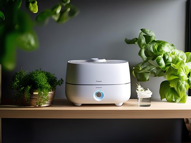 PureAir Humidifier on Stylish Shelf with Greenery