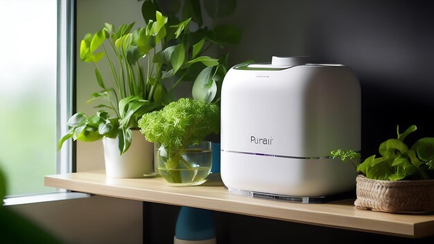 PureAir Humidifier on Stylish Shelf with Greenery