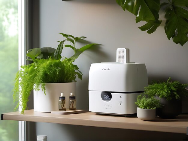 PureAir Humidifier on Stylish Shelf with Greenery