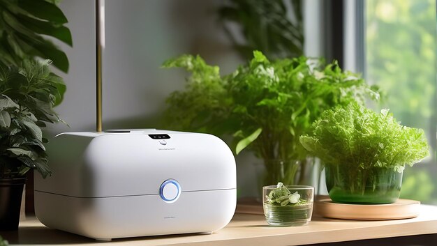 PureAir Humidifier on Stylish Shelf with Greenery