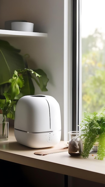 Photo pureair humidifier on stylish shelf with greenery