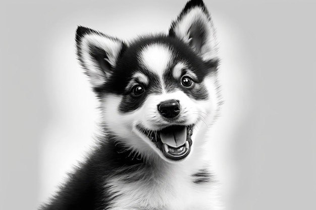 Purebred husky female puppy black and white laughing isolated on white backdrop Domesticated dog breed with a lopsided grin and erect ears An adorable little puppy with wooly fur striking a pose