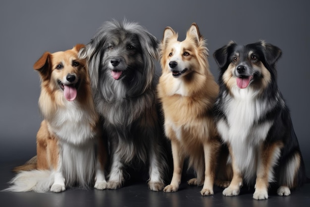 Purebred and mixed breed dogs on a gray backdrop lovely long haired