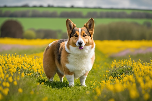 Purebred pembroke canine patiently awaits its next adventure amidst the vast expanse of a lush meadow breathing in the fresh open air and basking Ai generated