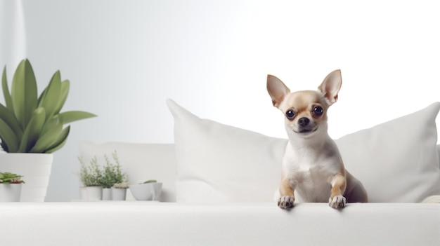 Purebred white Chihuahua dog on white sofa in modern cozy white living room smiling joyfully Pedigre