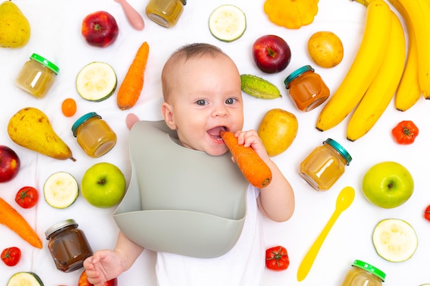 Puree for baby food with vegetables and fruits Selective focus nutrition The first complementary feeding of the child