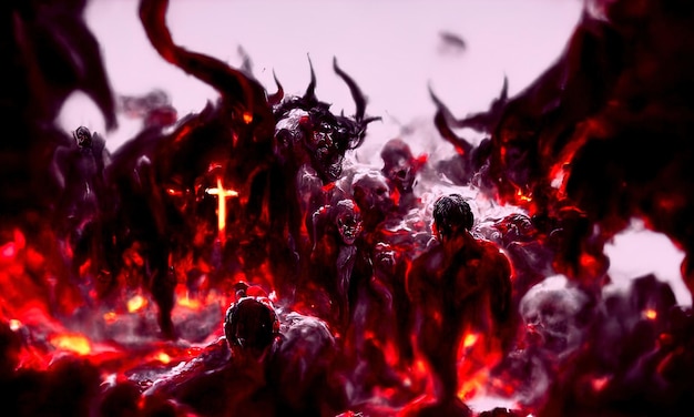 Purgatory fire in hell A crowd of sinful people is burning in hell in hellfire The gateway to the infernal underworld Devils demons and ghouls torment sinful people 3d illustration