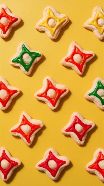 Purim celebration concept jewish carnival holiday Hamantaschen cookies over yellow background