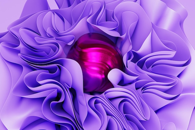 Purple abstract background with folds or ribbon waves and metal sphere 3d render