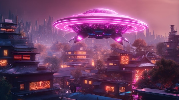 A purple alien ship flies over a city with a city in the background.