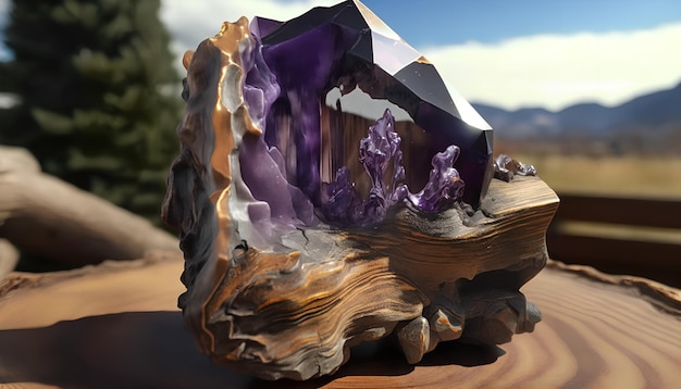 A purple amethyst sits on a rock in the desert.