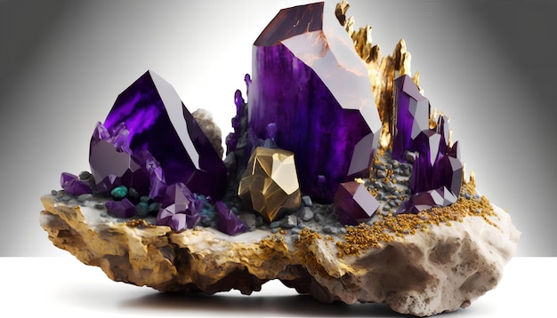 A purple amethyst sits on a rock with gold and purple crystals.