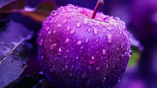 Photo a purple apple with water drops on it and water droplets on it