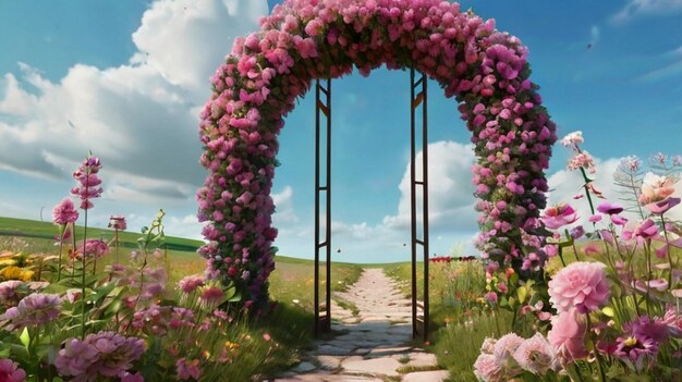 Photo a purple arch with flowers on it and a path leading to the entrance