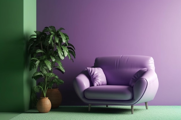 Purple armchair in minimalist living room on purple wall background Generative AI